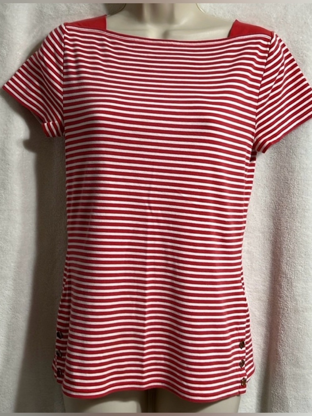 Ralph Lauren women’s salmon and white striped T-shirt, size medium